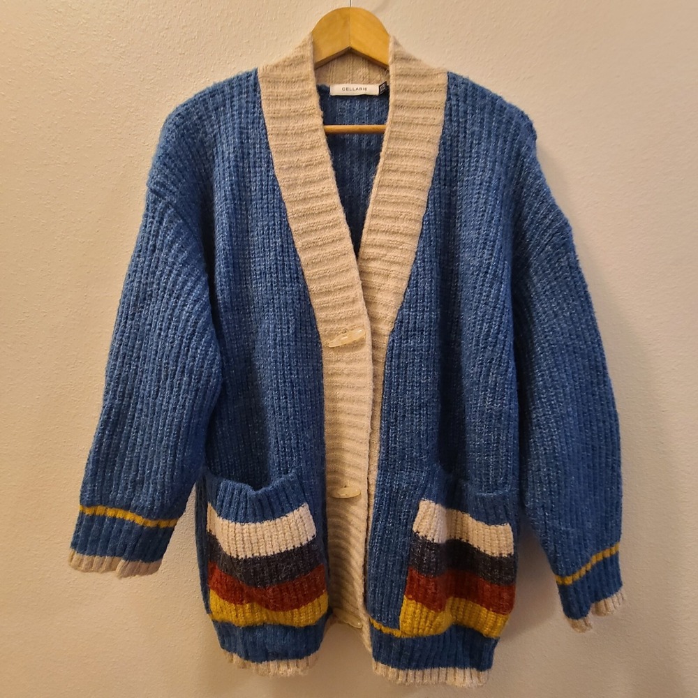 Cellabie Blue W/‎ Stripe Accent Pockets Toggle Button Front Cardigan Sweater EUC